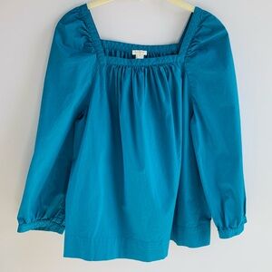 J Crew Blouse Top Teal Turquoise Puff Sleeve Square Neck Cotton Jewel Tone Large